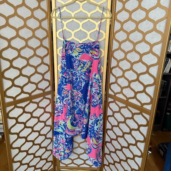 Lilly Pulitzer Size L NEW Blue Pink Kimi Silk Sleeveless Asymmetrical Hem Dress - Picture 3 of 15